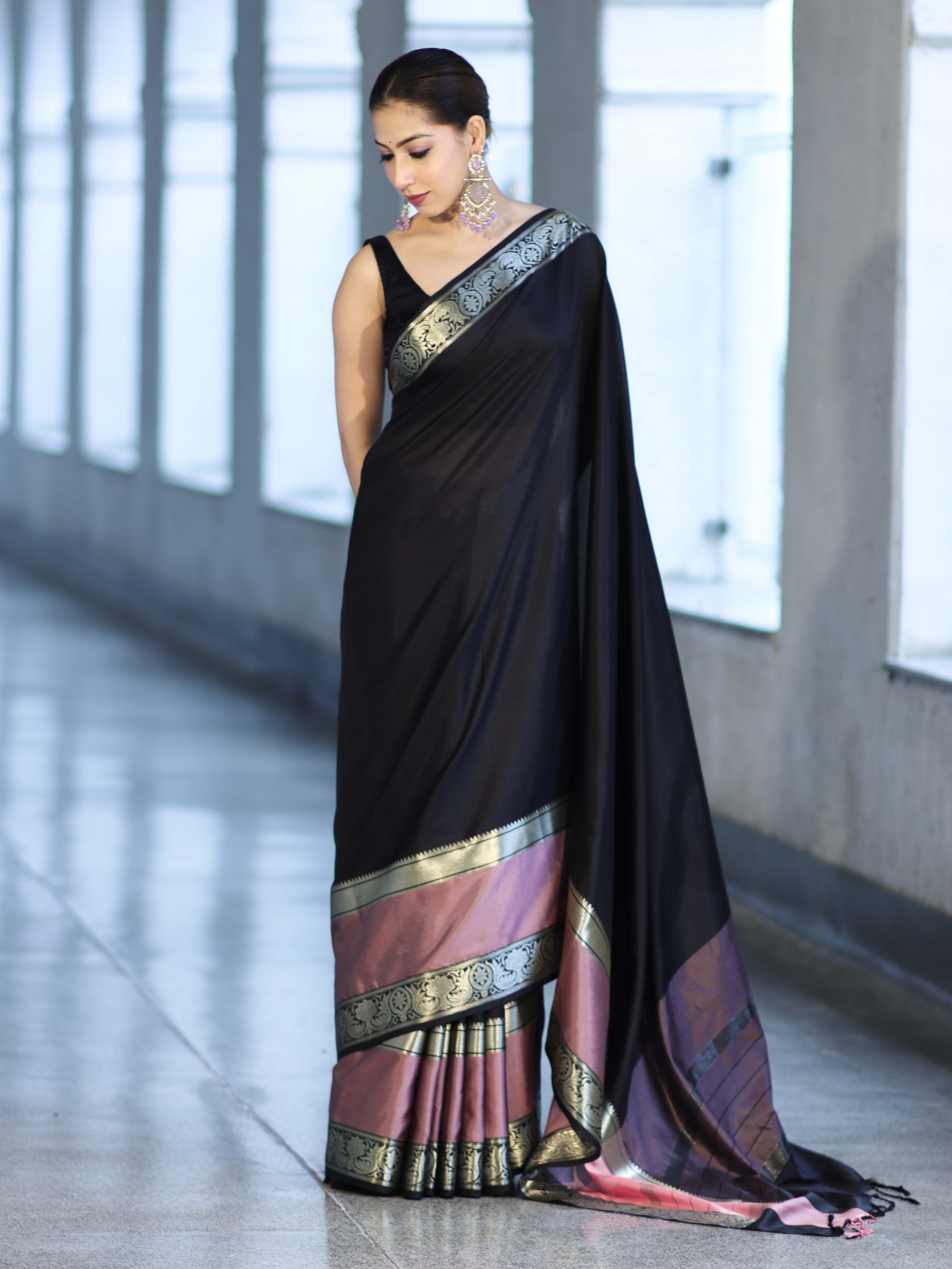 Banarasee Handloom Semi Silk Plain Saree With Contrast Broad Border-Black & Lavender