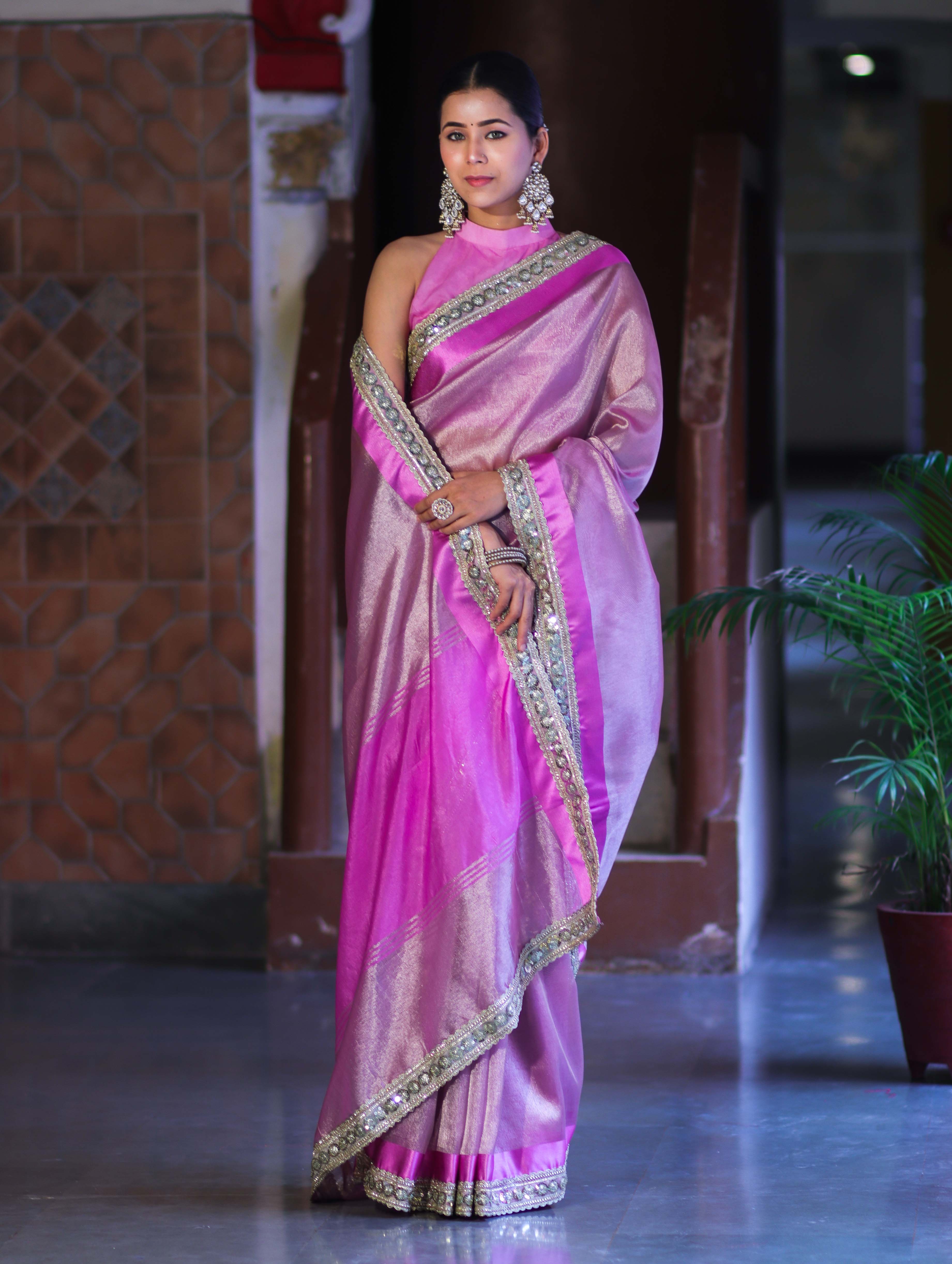 Banarasee Handloom Plain Tissue Saree With Lace Border-Onion Pink