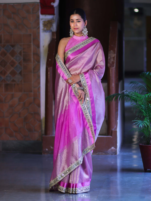 Banarasee Handloom Plain Tissue Saree With Lace Border-Onion Pink