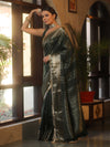 Banarasee Handwoven Semi Silk Saree With Gold Zari Border & Lace-Green