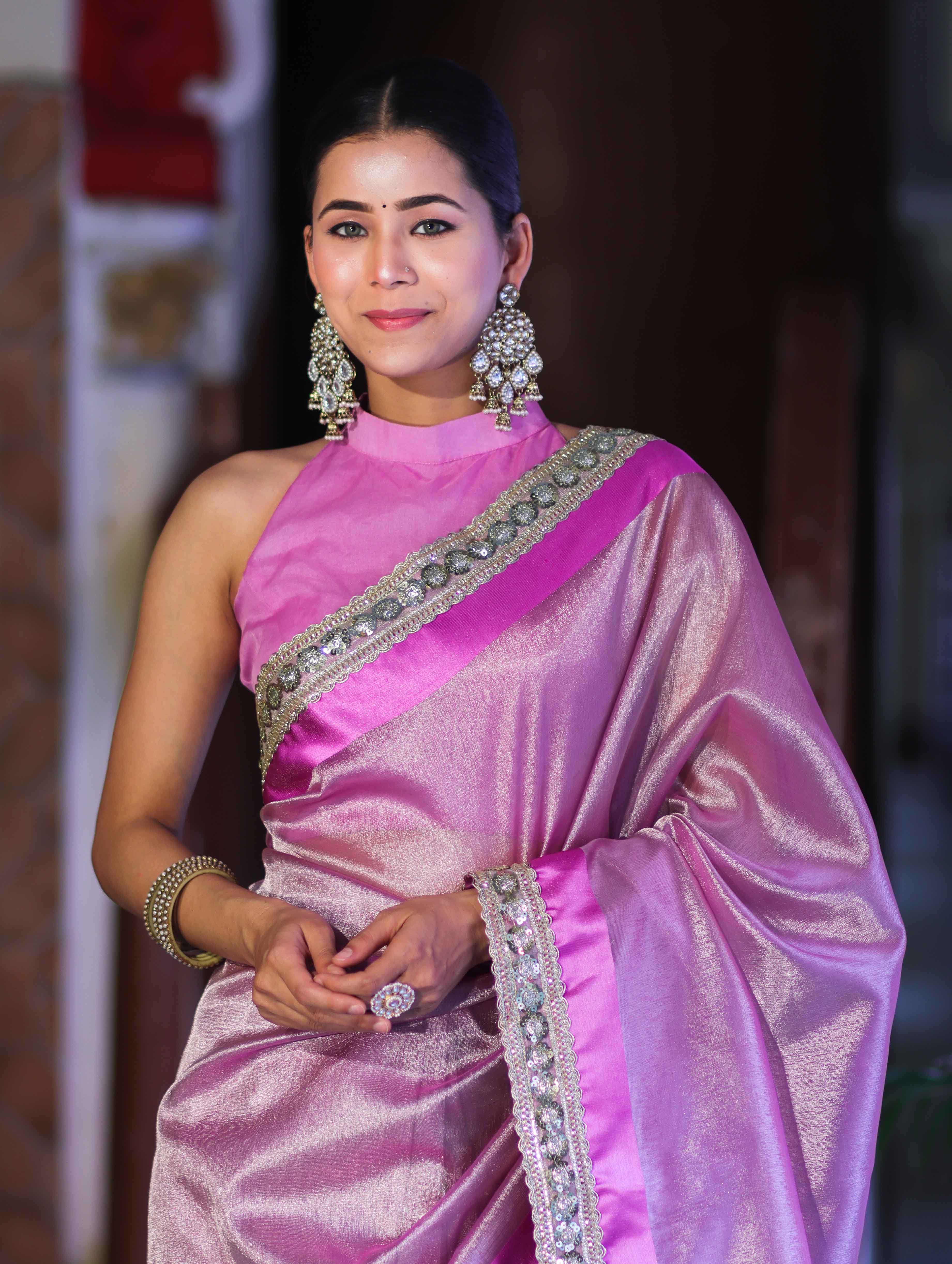 Banarasee Handloom Plain Tissue Saree With Lace Border-Onion Pink