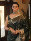 Banarasee Handwoven Semi Silk Saree With Gold Zari Border & Lace-Green