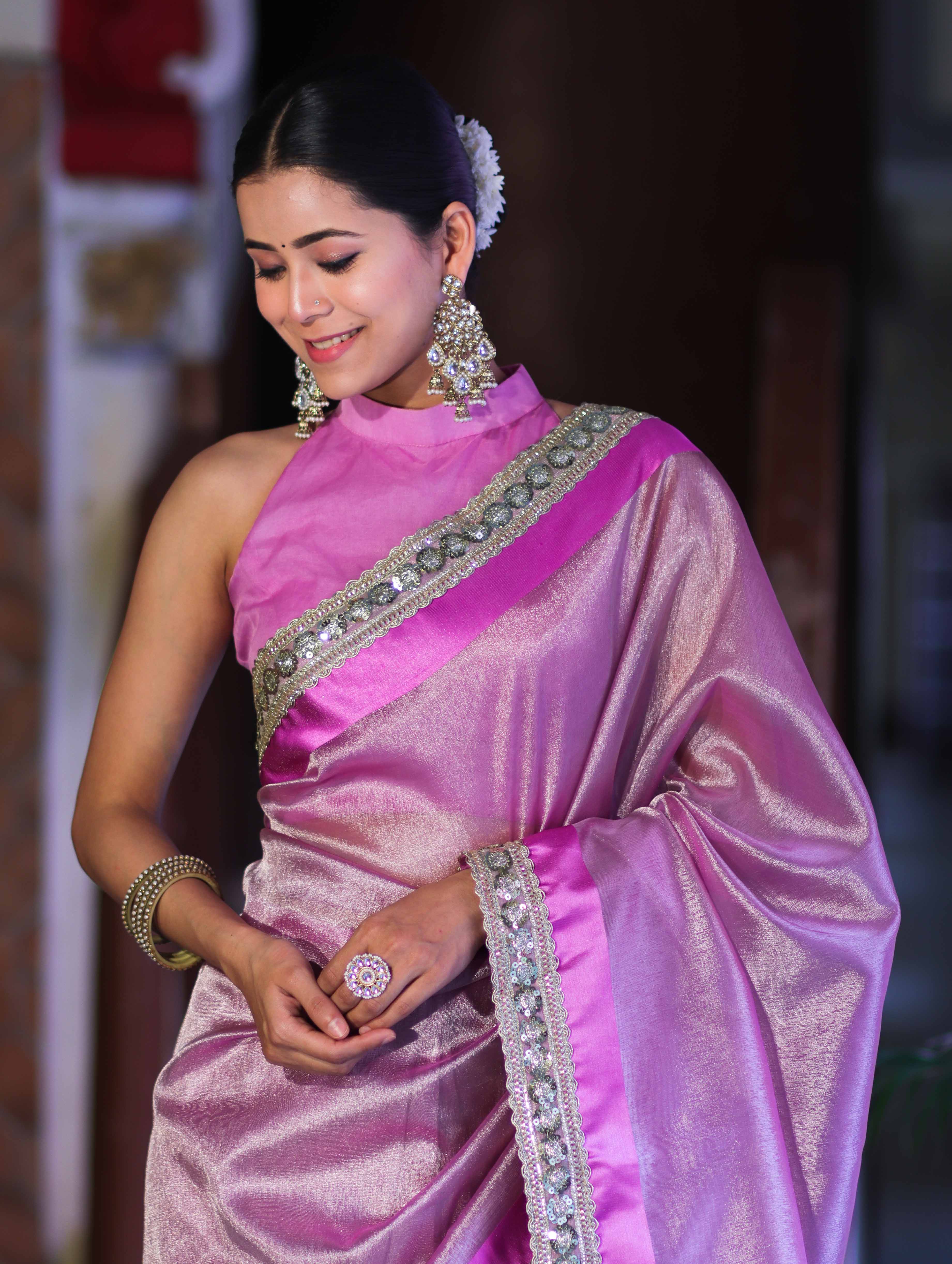 Banarasee Handloom Plain Tissue Saree With Lace Border-Onion Pink