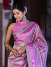 Banarasee Handloom Plain Tissue Saree With Lace Border-Onion Pink