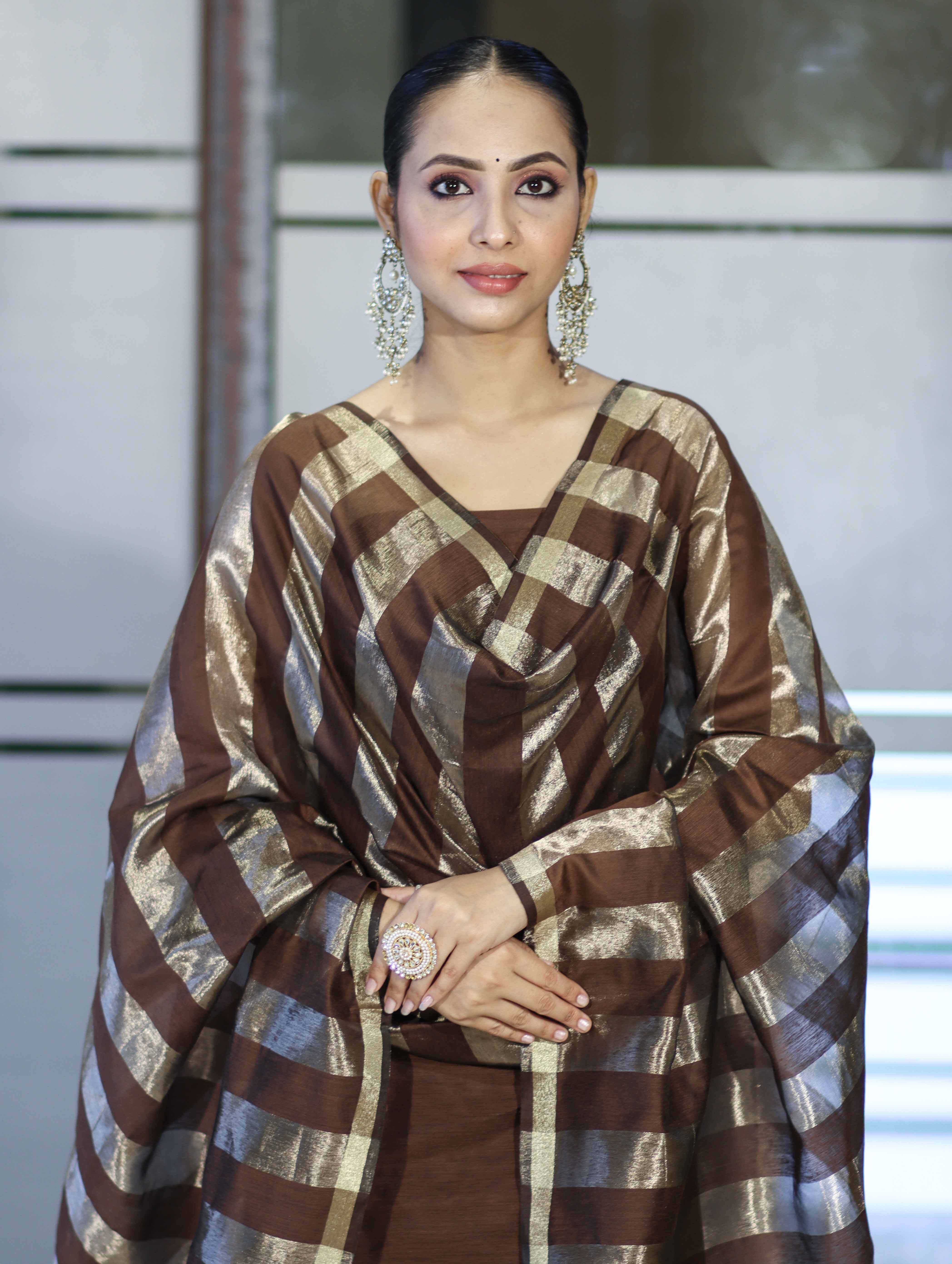Banarasee Cotton Silk Stripe Pattern Salwar Kameez Fabric With Dupatta Set-Brown