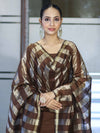 Banarasee Cotton Silk Stripe Pattern Salwar Kameez Fabric With Dupatta Set-Brown