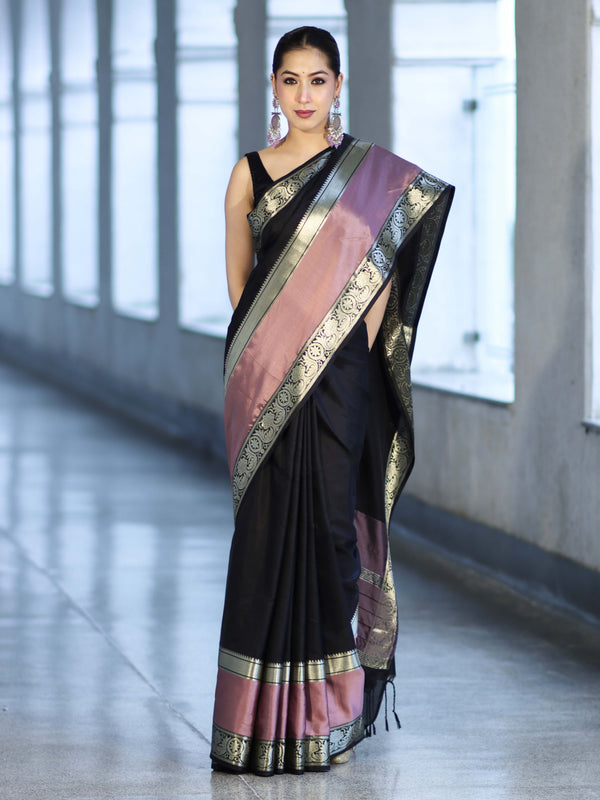 Banarasee Handloom Semi Silk Plain Saree With Contrast Broad Border-Black & Lavender