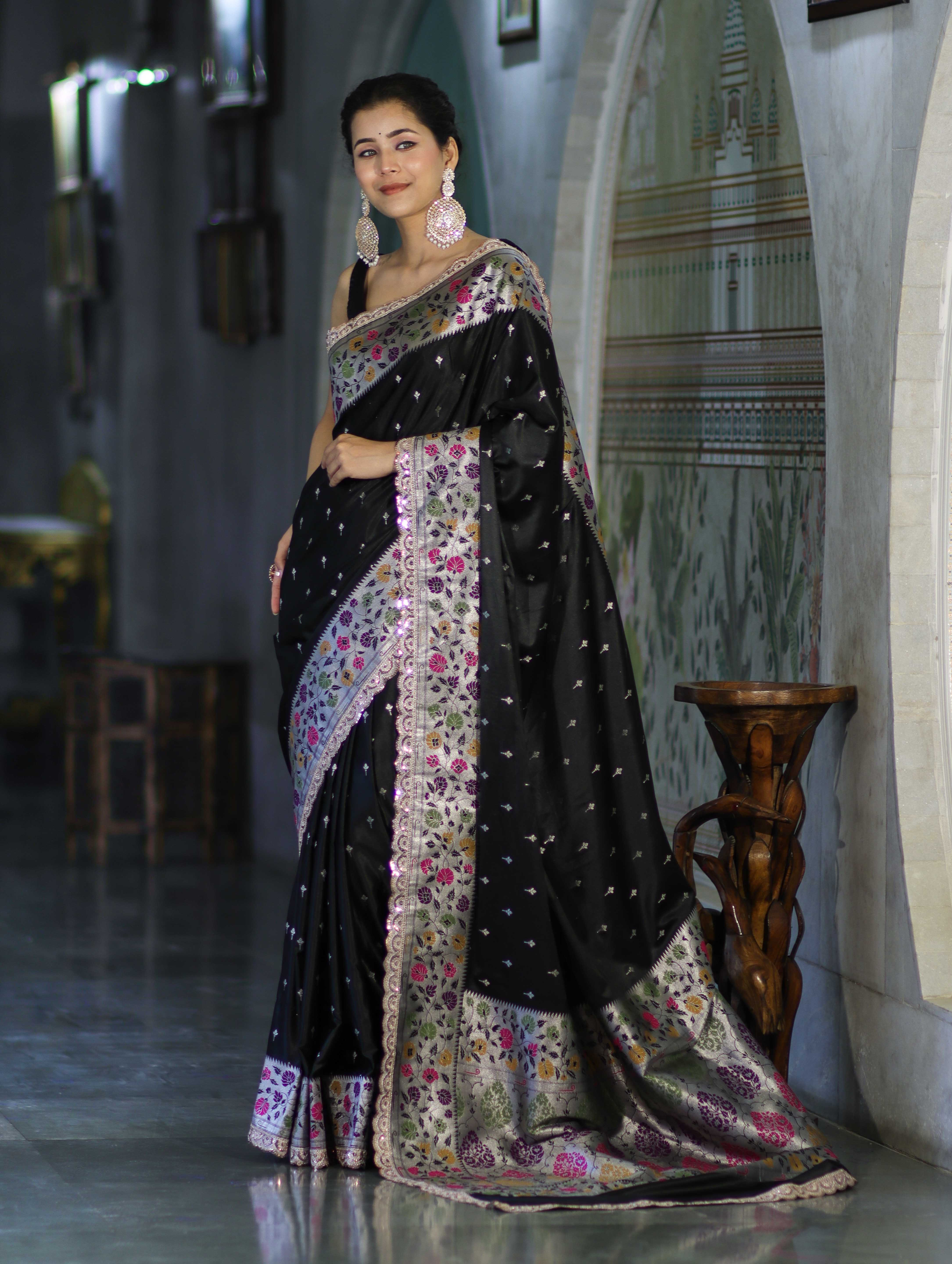 Banarasee Handloom Mashru Silk Saree With Buti Design Meenadar Border & Pallu-Black