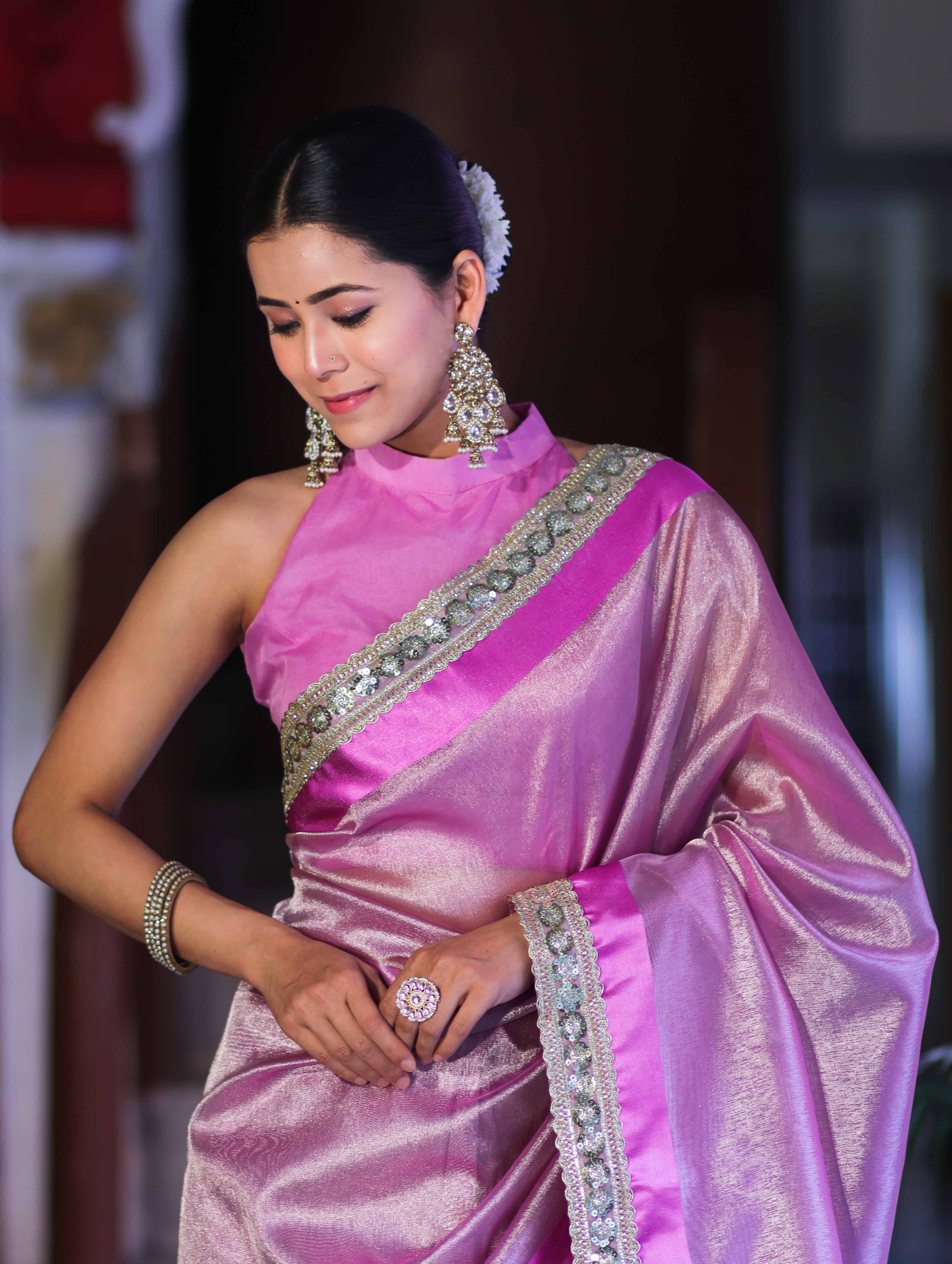 Banarasee Handloom Plain Tissue Saree With Lace Border-Onion Pink