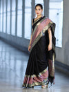 Banarasee Handloom Semi Silk Plain Saree With Contrast Broad Border-Black & Lavender