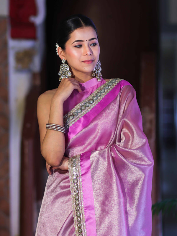 Banarasee Handloom Plain Tissue Saree With Lace Border-Onion Pink