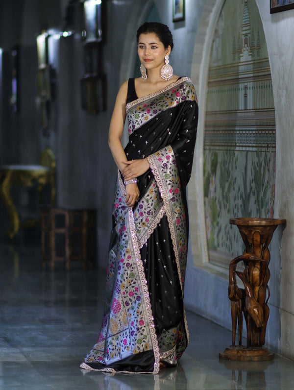 Banarasee Handloom Mashru Silk Saree With Buti Design Meenadar Border & Pallu-Black