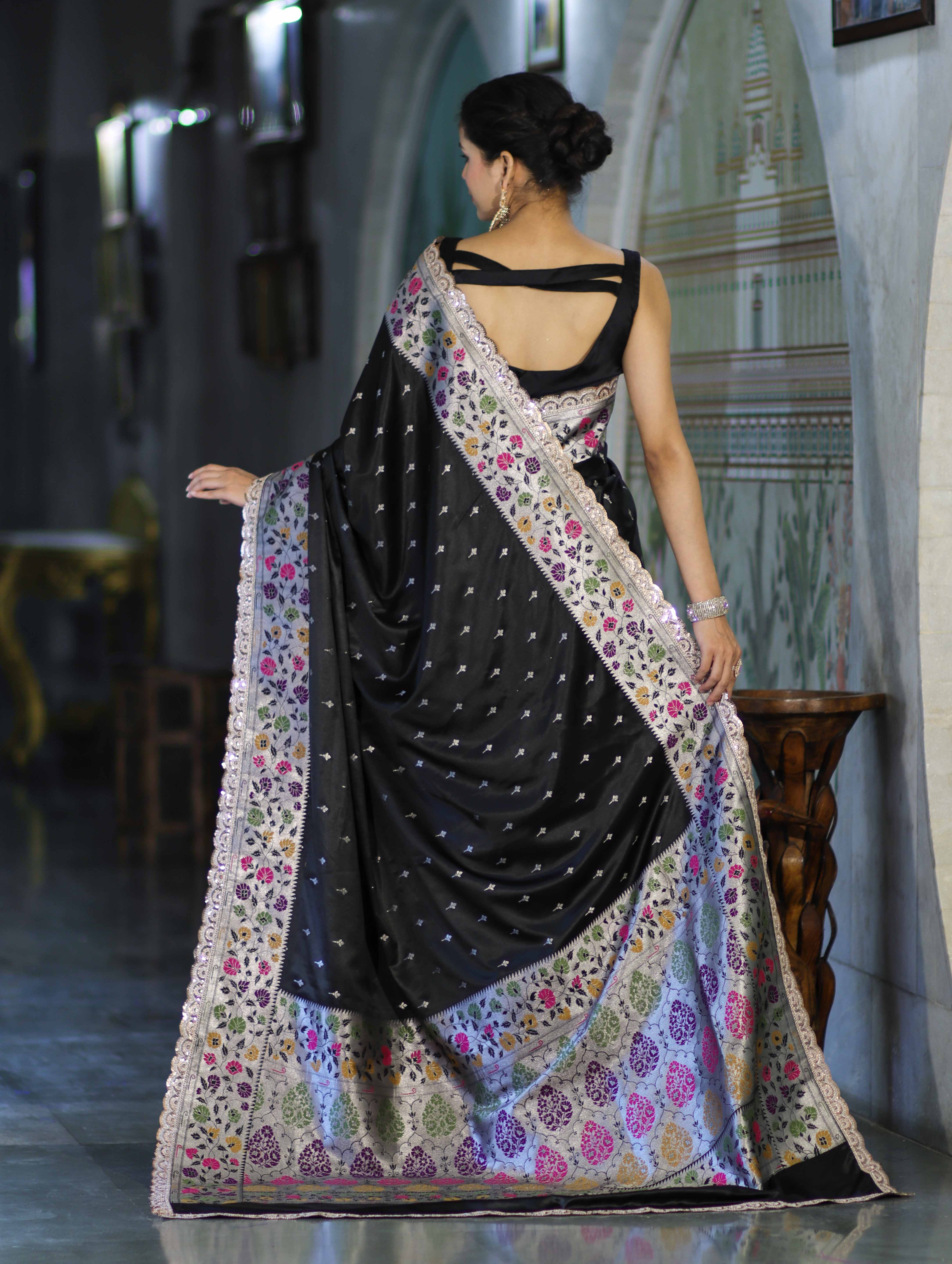 Banarasee Handloom Mashru Silk Saree With Buti Design Meenadar Border & Pallu-Black