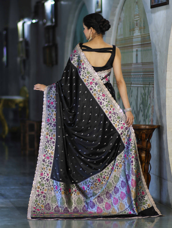 Banarasee Handloom Mashru Silk Saree With Buti Design Meenadar Border & Pallu-Black