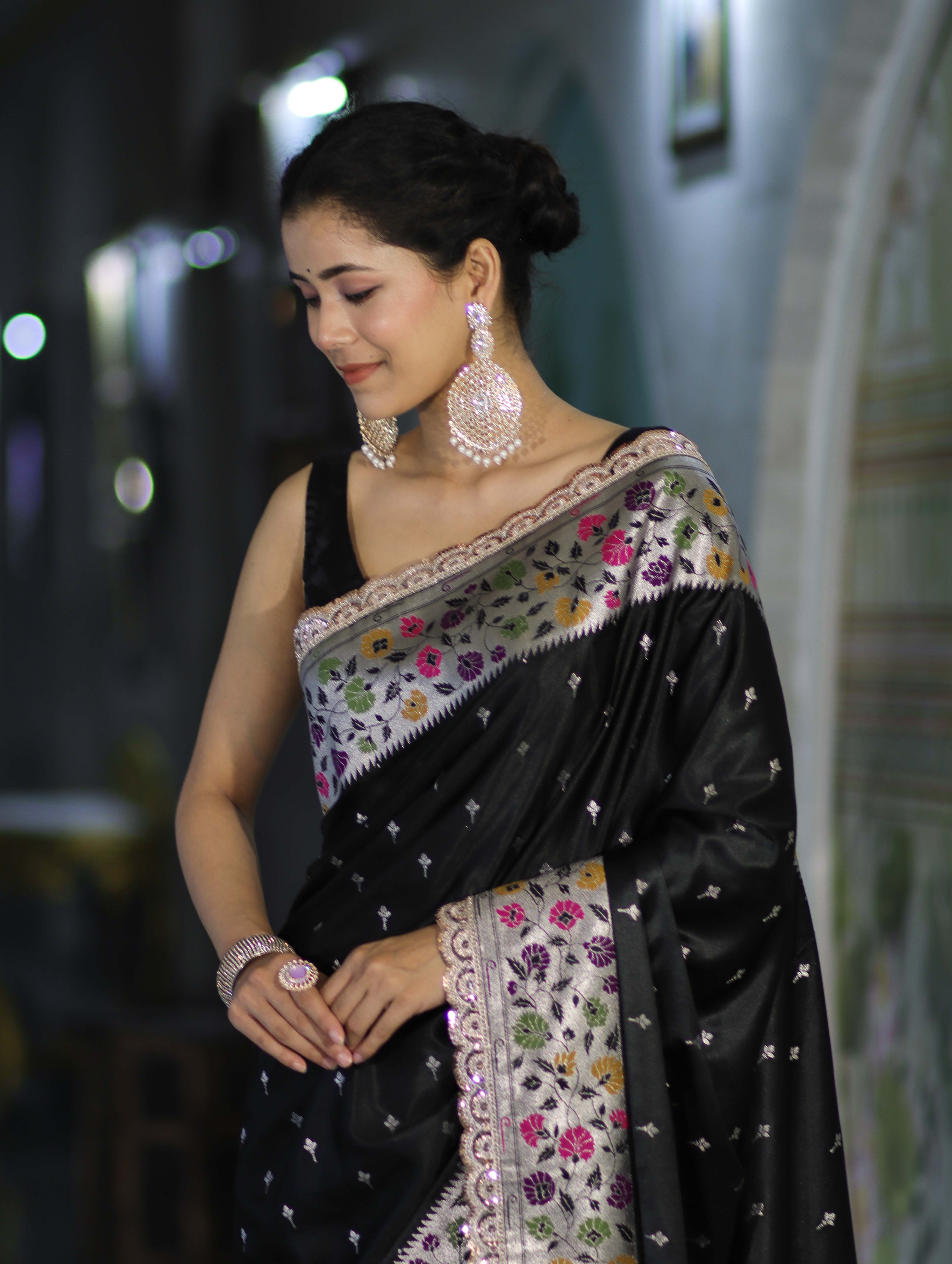 Banarasee Handloom Mashru Silk Saree With Buti Design Meenadar Border & Pallu-Black