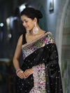 Banarasee Handloom Mashru Silk Saree With Buti Design Meenadar Border & Pallu-Black