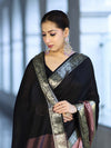 Banarasee Handloom Semi Silk Plain Saree With Contrast Broad Border-Black & Lavender