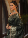 Banarasee Handwoven Semi Silk Saree With Gold Zari Border & Lace-Green