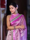 Banarasee Handloom Plain Tissue Saree With Lace Border-Onion Pink