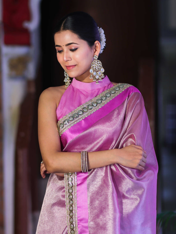 Banarasee Handloom Plain Tissue Saree With Lace Border-Onion Pink