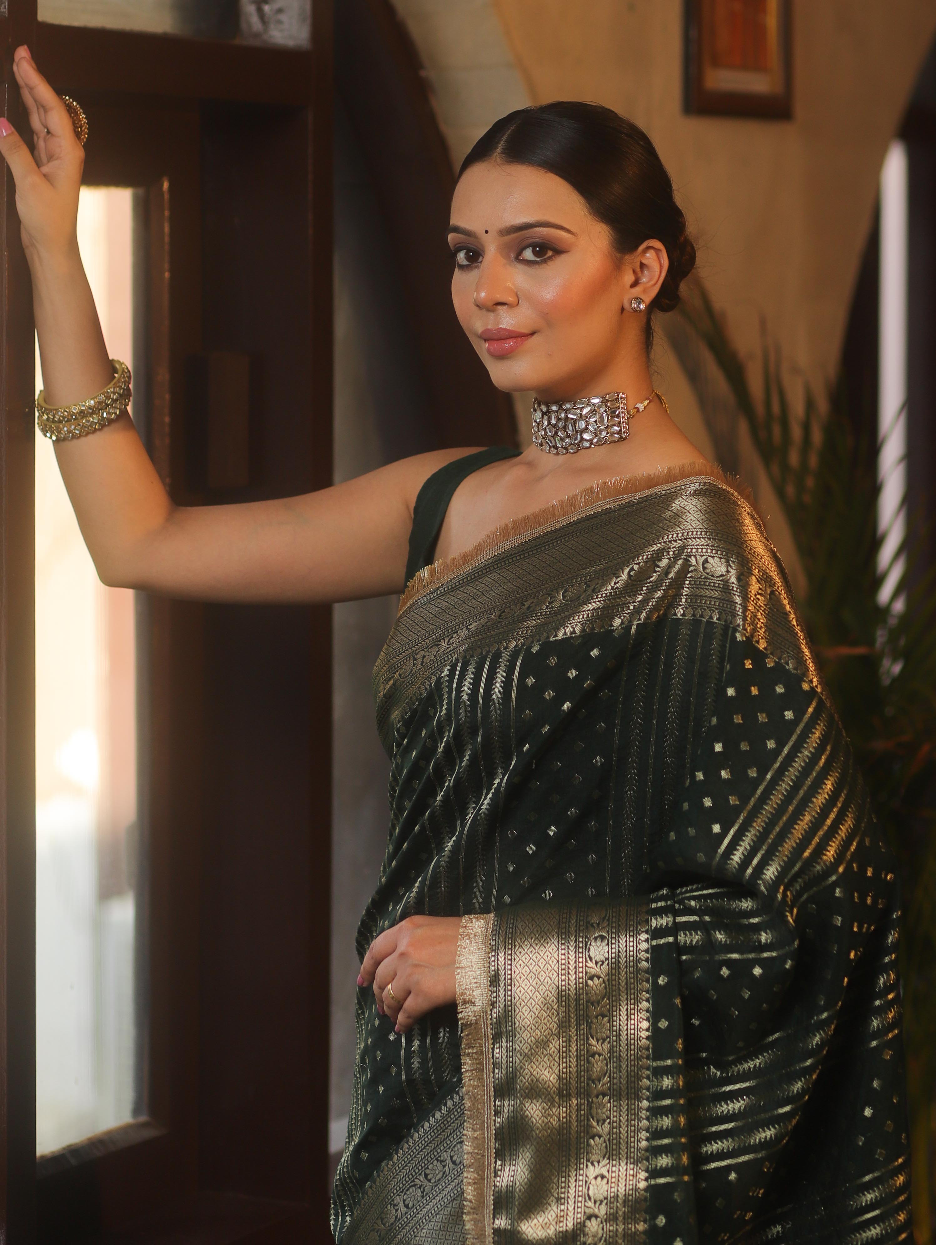 Banarasee Handwoven Semi Silk Saree With Gold Zari Border & Lace-Green
