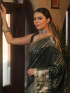 Banarasee Handwoven Semi Silk Saree With Gold Zari Border & Lace-Green
