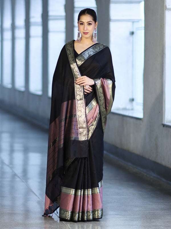 Banarasee Handloom Semi Silk Plain Saree With Contrast Broad Border-Black & Lavender