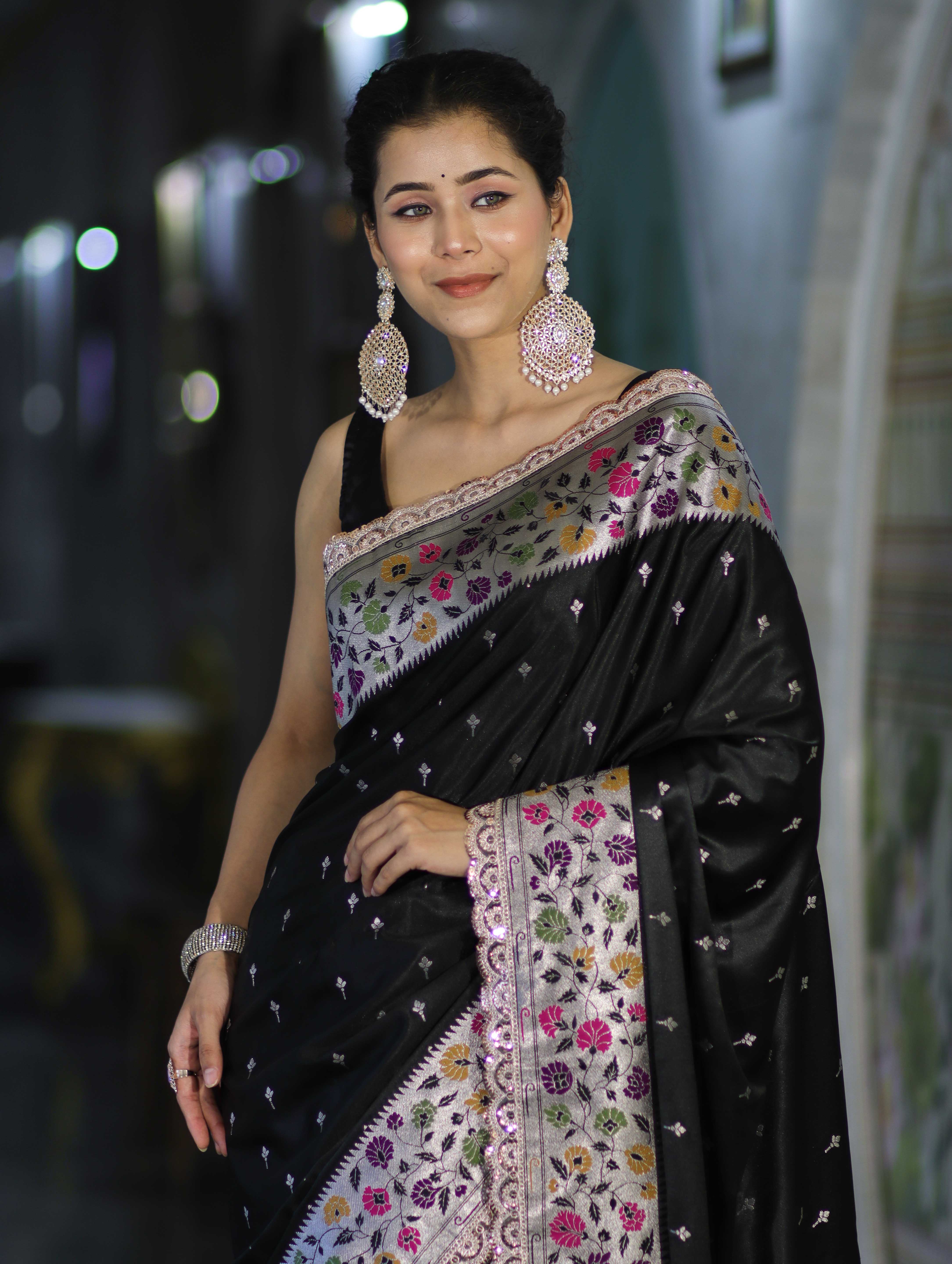 Banarasee Handloom Mashru Silk Saree With Buti Design Meenadar Border & Pallu-Black