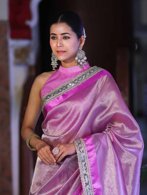 Banarasee Handloom Plain Tissue Saree With Lace Border-Onion Pink