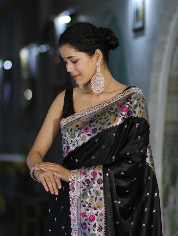 Banarasee Handloom Mashru Silk Saree With Buti Design Meenadar Border & Pallu-Black
