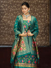 Banarasee Semi-Silk Zari & Resham Work Salwar Kameez Fabric With Dupatta Set-Peacock Blue
