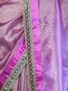 Banarasee Handloom Plain Tissue Saree With Lace Border-Onion Pink