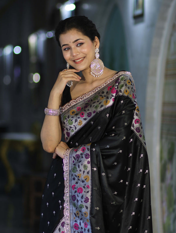 Banarasee Handloom Mashru Silk Saree With Buti Design Meenadar Border & Pallu-Black