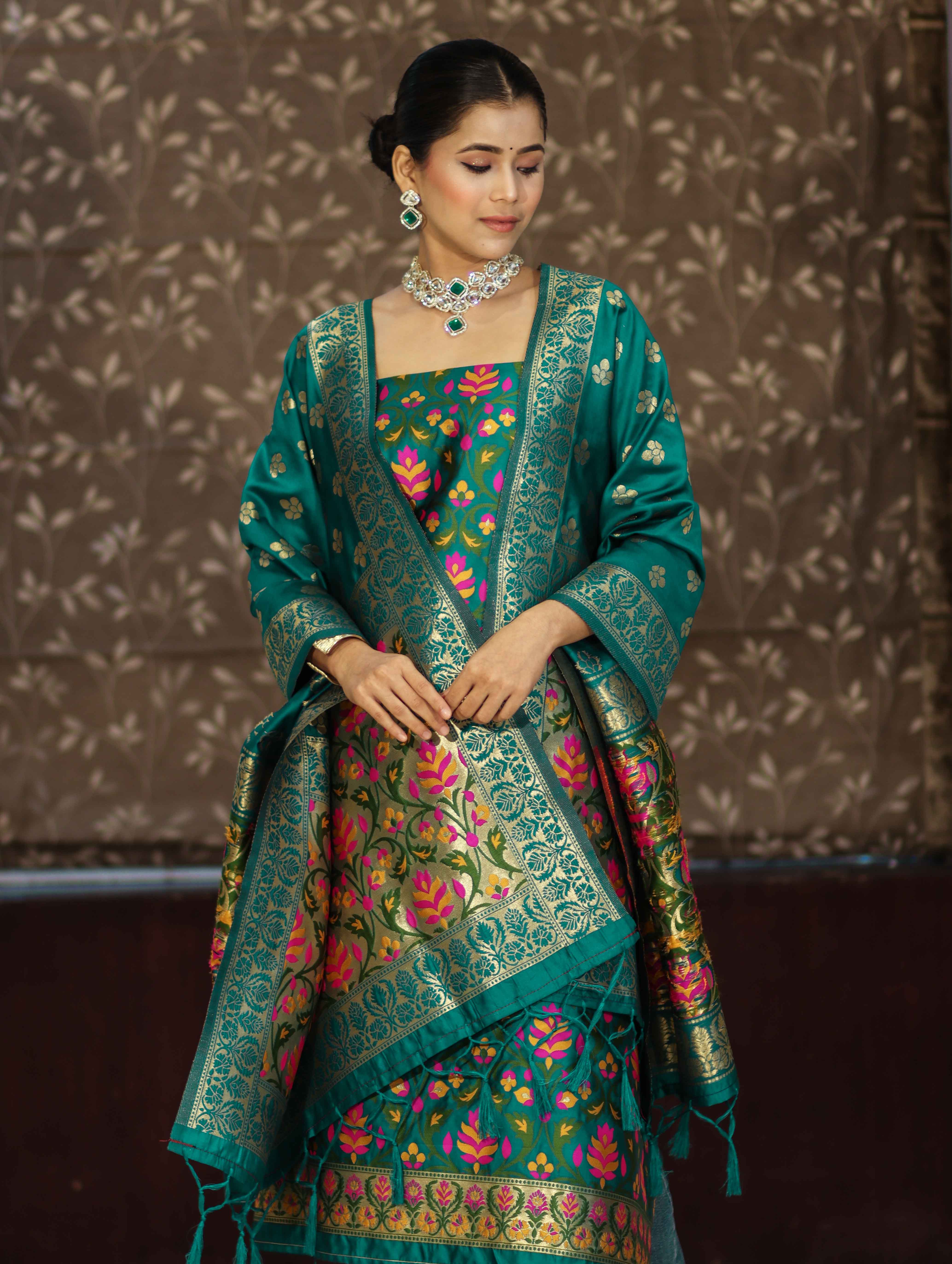 Banarasee Semi-Silk Zari & Resham Work Salwar Kameez Fabric With Dupatta Set-Peacock Blue