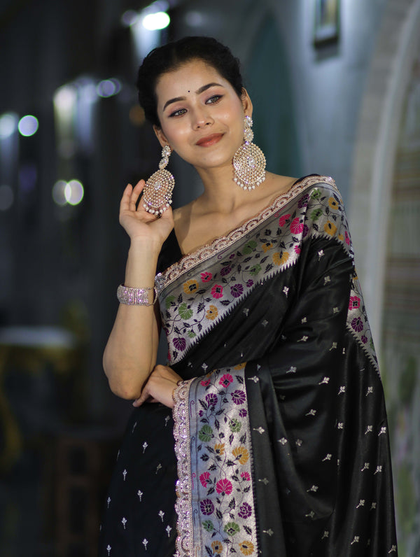 Banarasee Handloom Mashru Silk Saree With Buti Design Meenadar Border & Pallu-Black