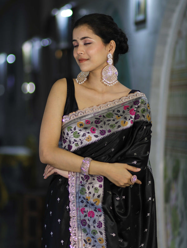 Banarasee Handloom Mashru Silk Saree With Buti Design Meenadar Border & Pallu-Black