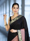 Banarasee Handloom Semi Silk Plain Saree With Contrast Broad Border-Black & Lavender