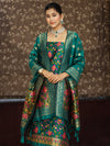 Banarasee Semi-Silk Zari & Resham Work Salwar Kameez Fabric With Dupatta Set-Peacock Blue