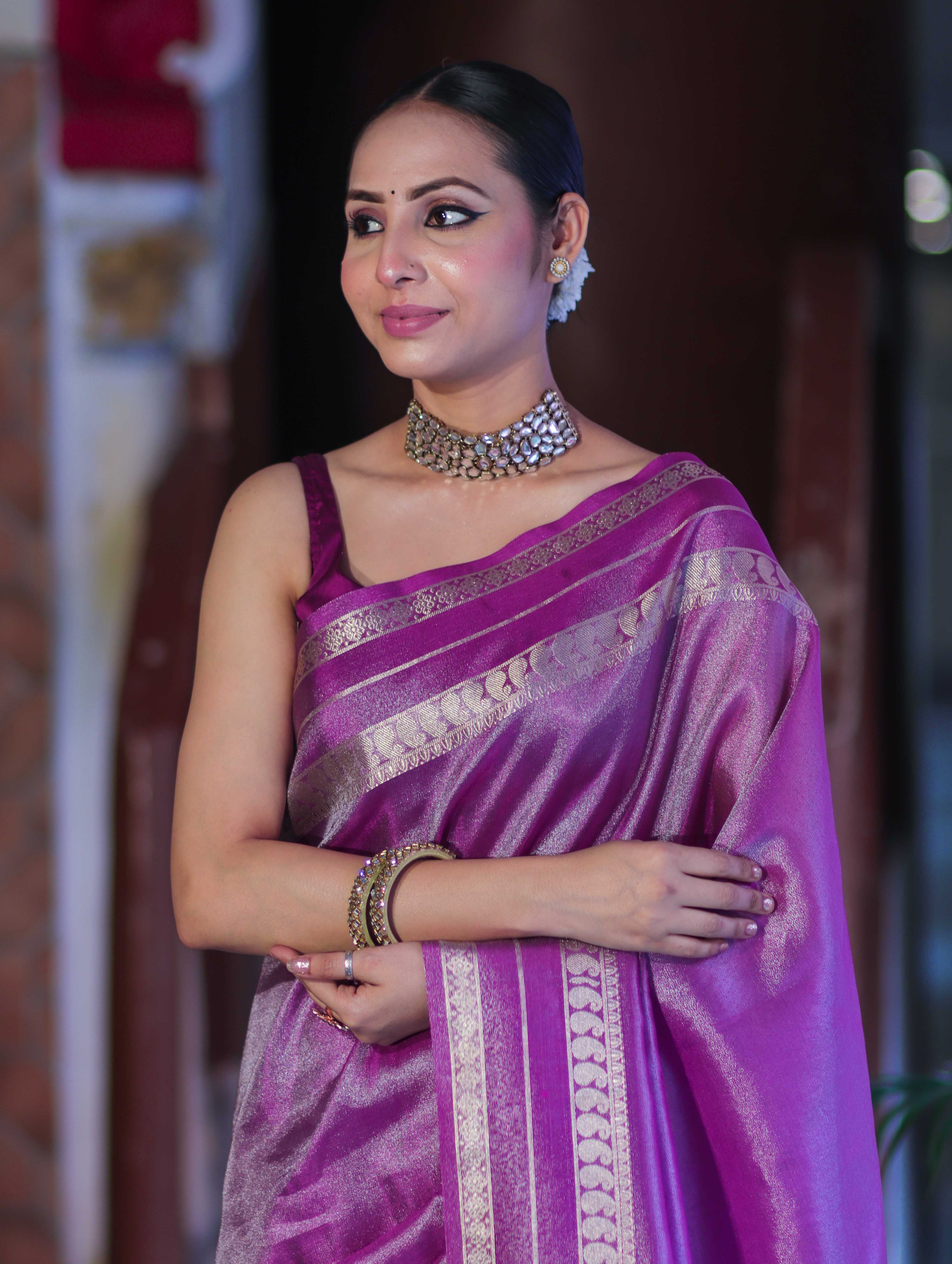 Banarasee Handloom Plain Tissue Saree With Striped Zari Border-Purple