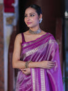 Banarasee Handloom Plain Tissue Saree With Striped Zari Border-Purple