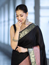 Banarasee Handloom Semi Silk Plain Saree With Contrast Broad Border-Black & Lavender