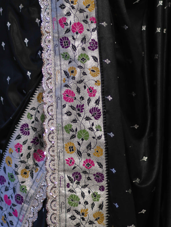 Banarasee Handloom Mashru Silk Saree With Buti Design Meenadar Border & Pallu-Black