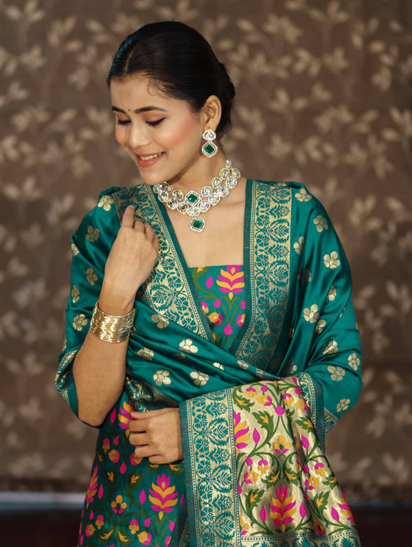 Banarasee Semi-Silk Zari & Resham Work Salwar Kameez Fabric With Dupatta Set-Peacock Blue