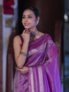 Banarasee Handloom Plain Tissue Saree With Striped Zari Border-Purple