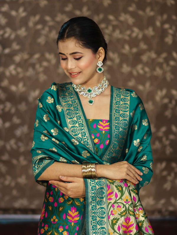 Banarasee Semi-Silk Zari & Resham Work Salwar Kameez Fabric With Dupatta Set-Peacock Blue