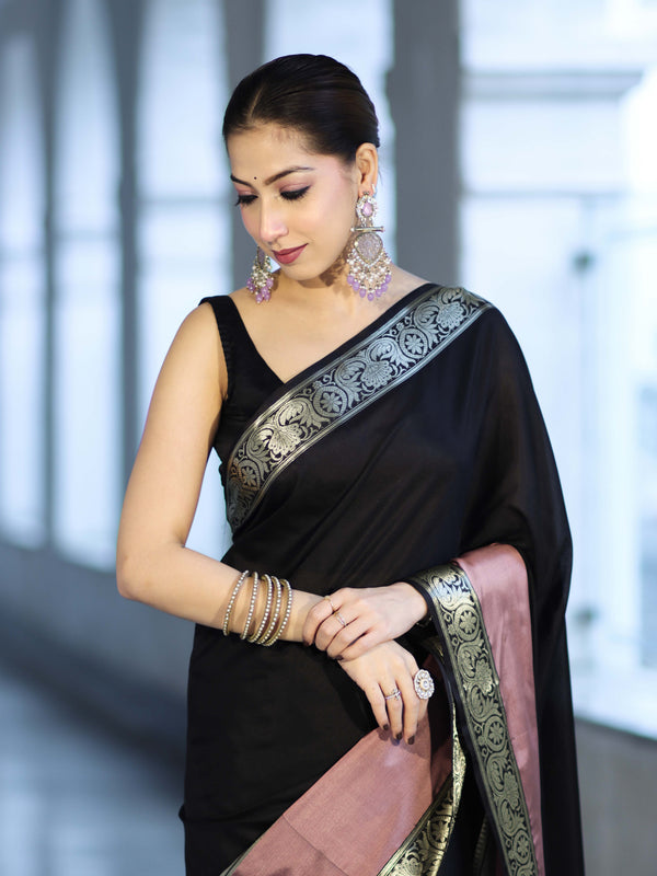 Banarasee Handloom Semi Silk Plain Saree With Contrast Broad Border-Black & Lavender