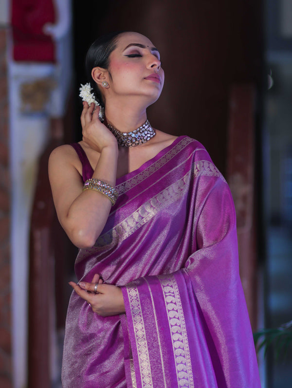 Banarasee Handloom Plain Tissue Saree With Striped Zari Border-Purple
