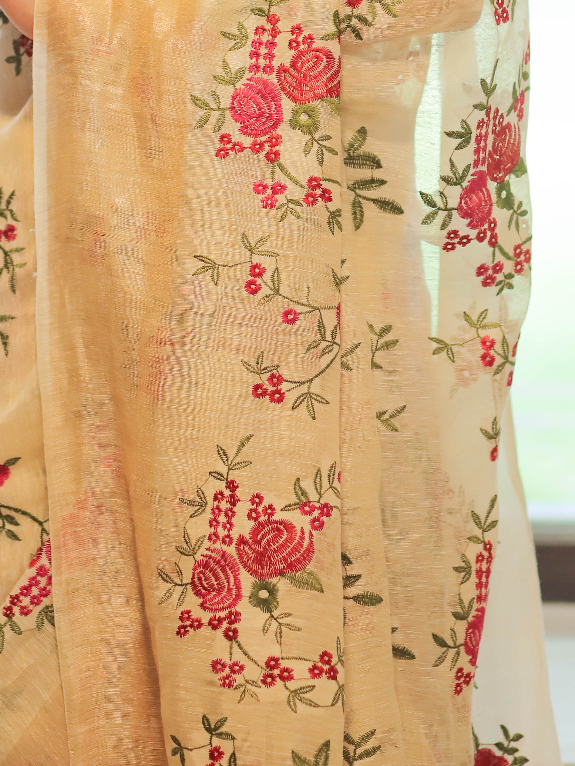 Bhagalpur Handloom Pure Linen By Mulberry Silk Saree With Embroidered Design-Ivory White