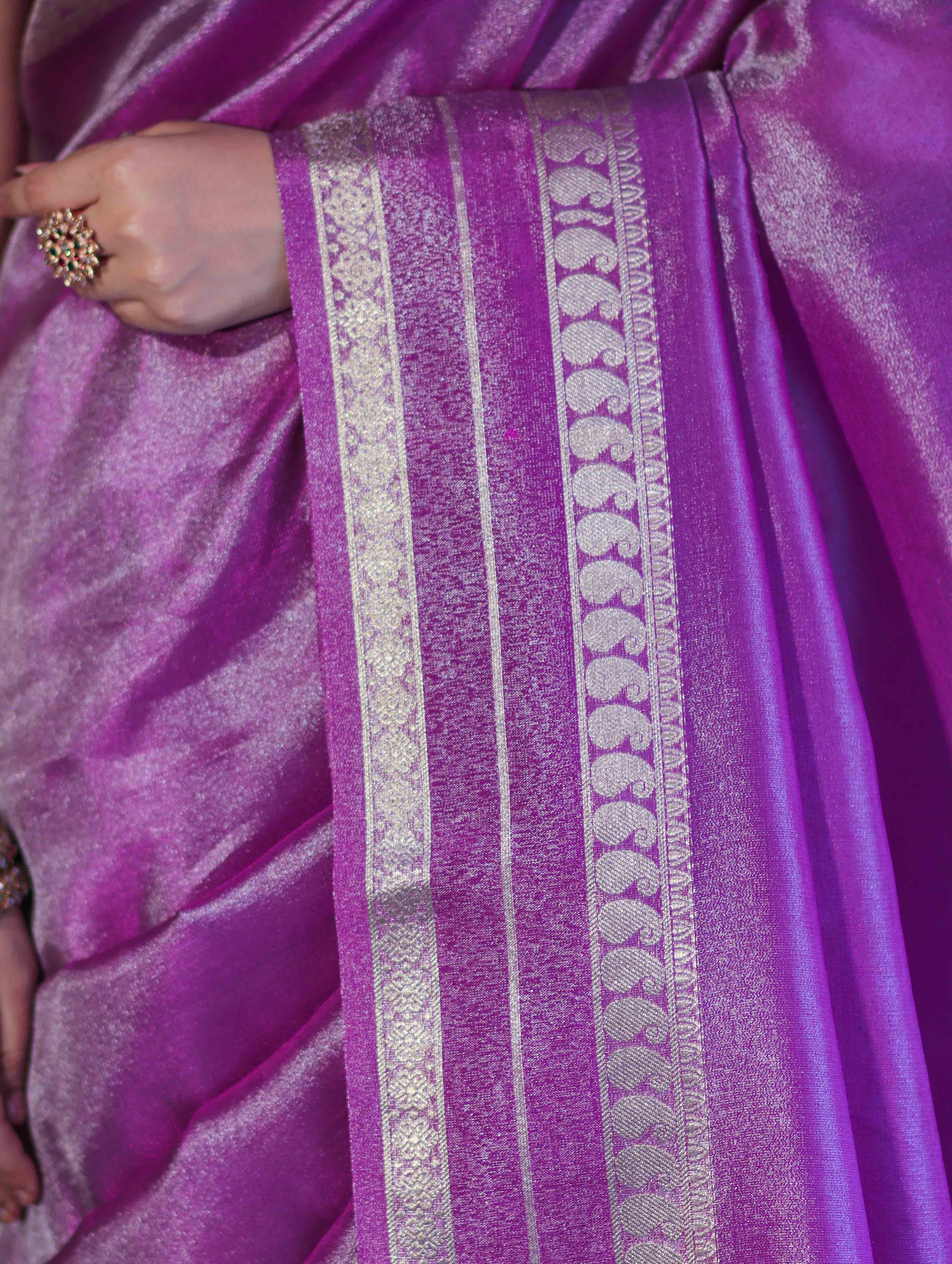 Banarasee Handloom Plain Tissue Saree With Striped Zari Border-Purple