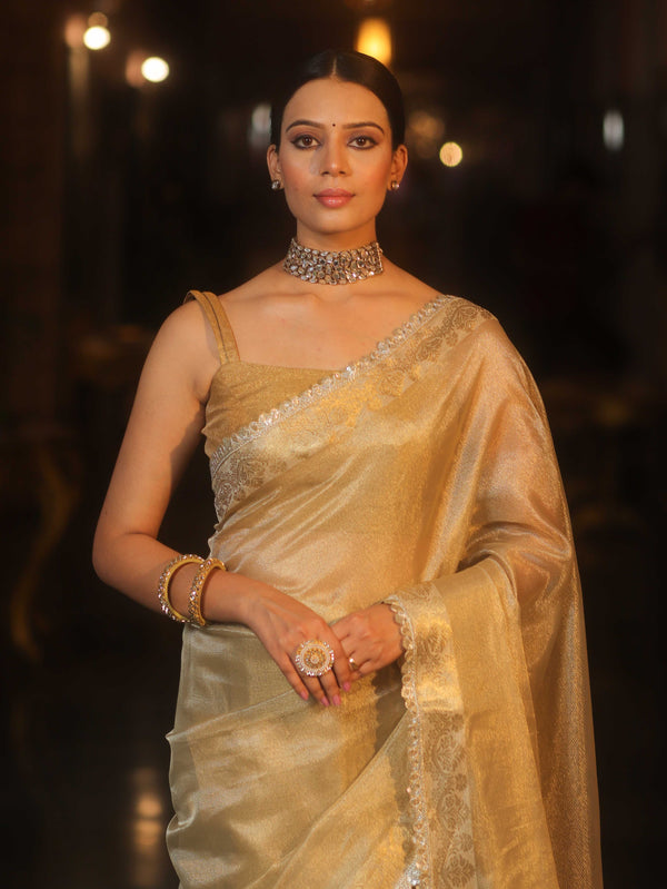 Banarasee Handwoven Plain Tissue Saree Wiith Zari Border & Lace-Gold